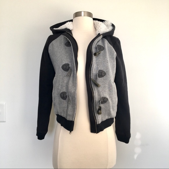 Fluffy Faux Fur Lined Zip Hoodie Jacket Black Grey - Picture 2 of 12